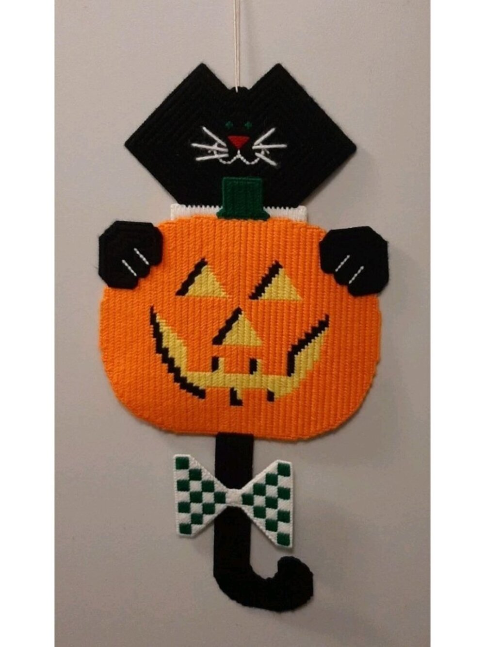 Vintage Handmade Plastic Canvas Halloween Pumpkin Cat Door Wall Decor 26”